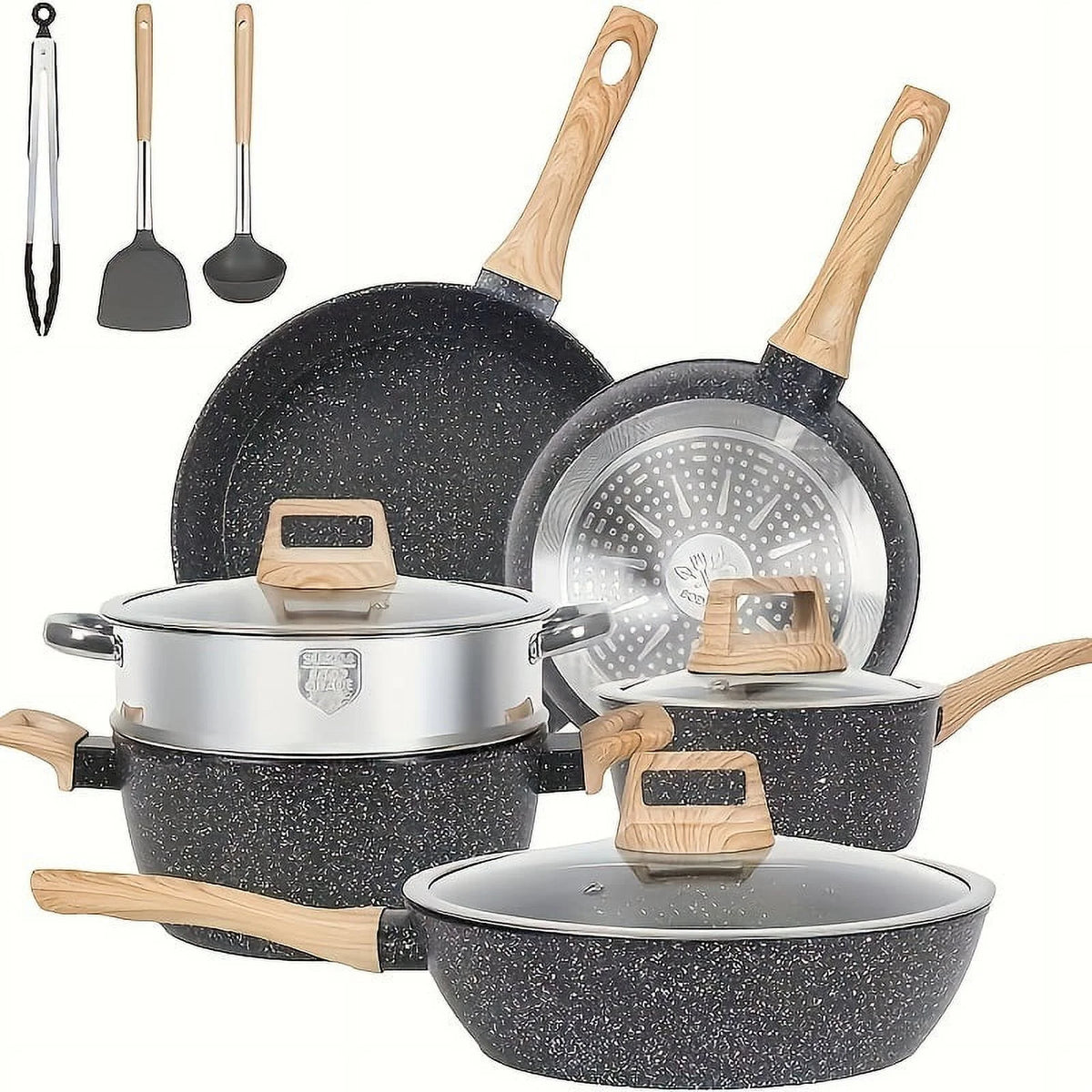Non - Stick 12 POTS and Pans Set, Cookware Set, Including Frying Pan, Pan, Steamer, Silicone Spatula and Tongs - Granite Cooking Set (Black)