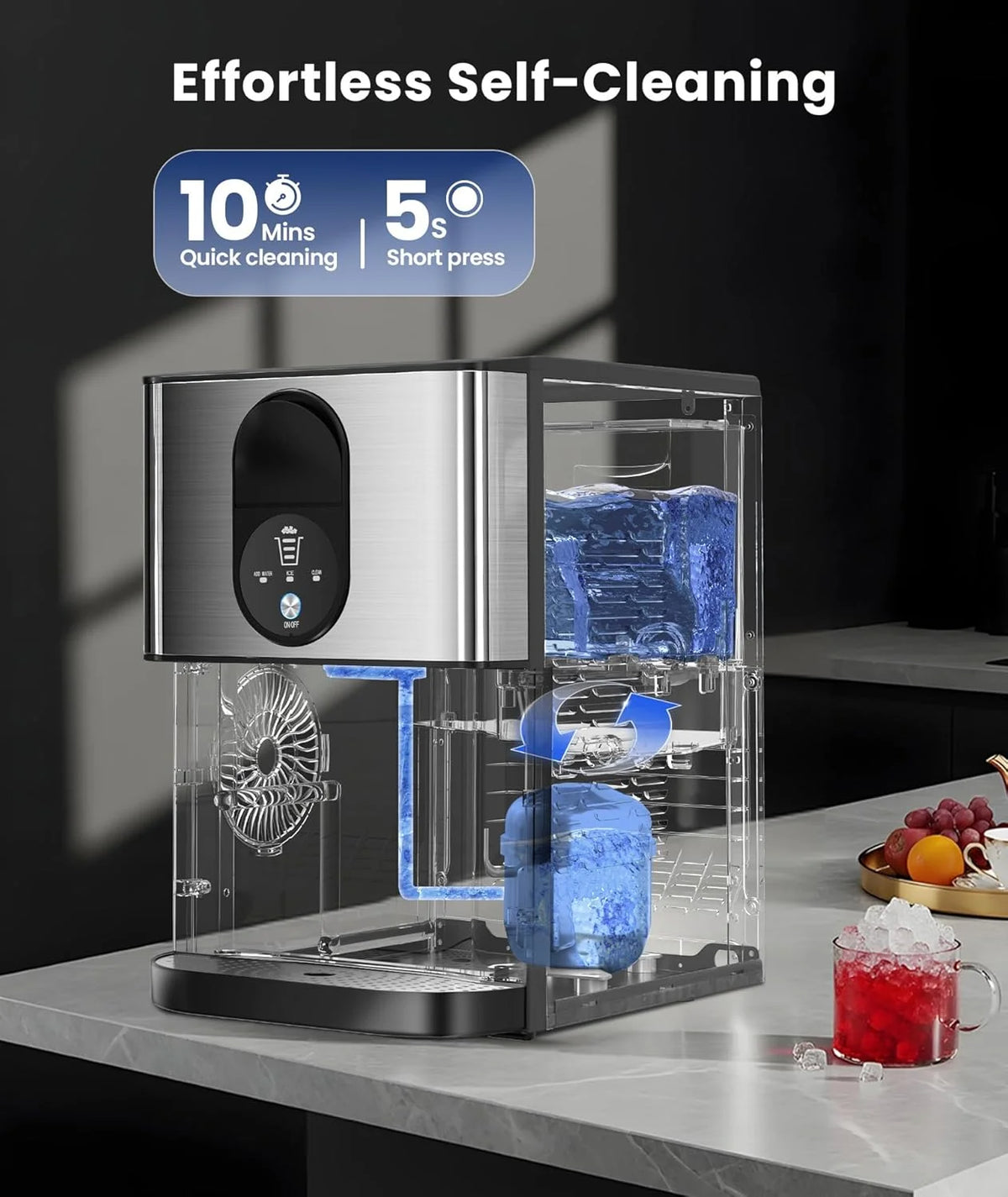 Moifoi Nugget Ice Maker, Culb in 6mins, 44 lb/24 H, Auto - Cleaning Portable Ice Machine with Basket & Scoop, Black