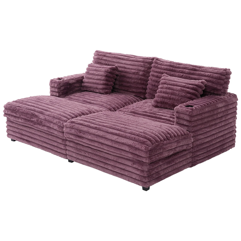 Oversized Double Chaise Lounge, Faux Fur Upholstered Deep Seat Sofa with 2 Pillows, 2 Cupholders, and Dual USB Ports
