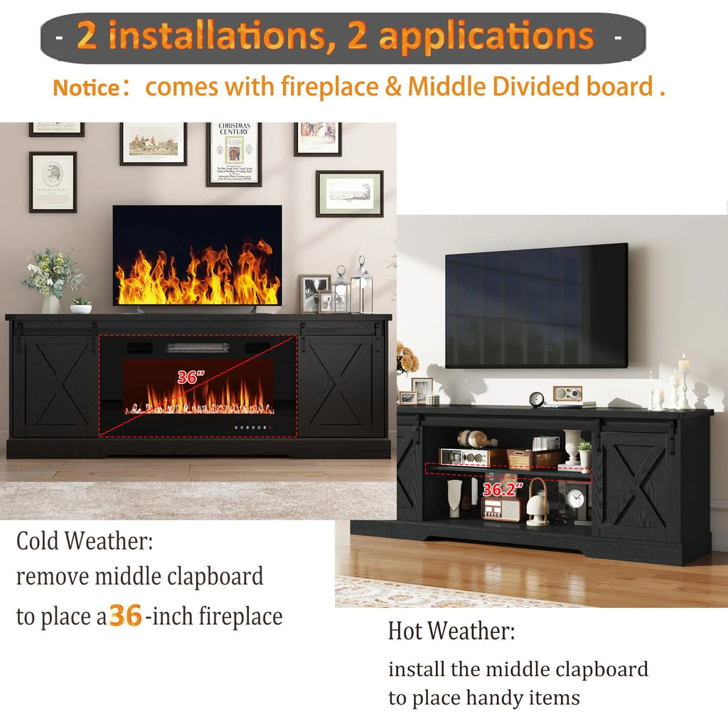 Chvans Farmhouse Barn Door TV Stand for up to 65" Tvs & 23" Electric Fireplace, Entertainment Center Console Table with Adjustable Shevles
