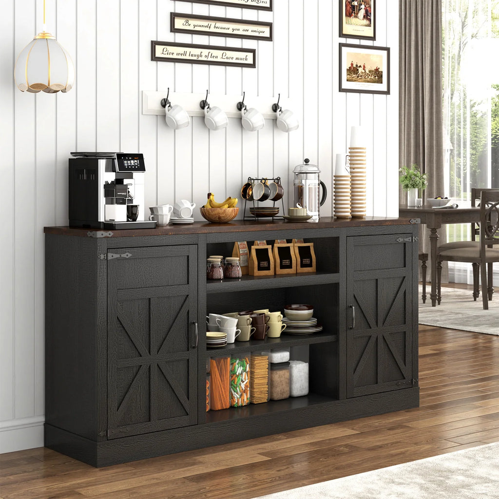 Chvans Farmhouse Barn Door TV Stand for up to 65" Tvs & 23" Electric Fireplace, Entertainment Center Console Table with Adjustable Shevles