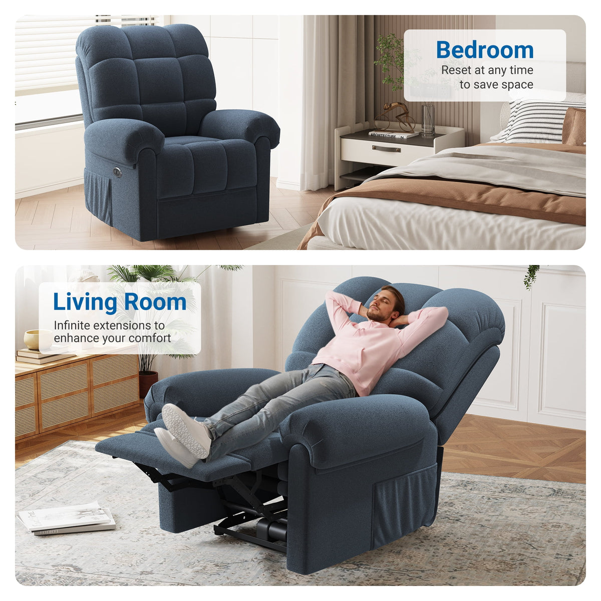 Power Recliner Chair, Electric Recline Sofa Chair for Adults with USB Port, Comfy Teddy Fleece Adjustable Cloud Sofa, Tool - Free Setup, Beige White