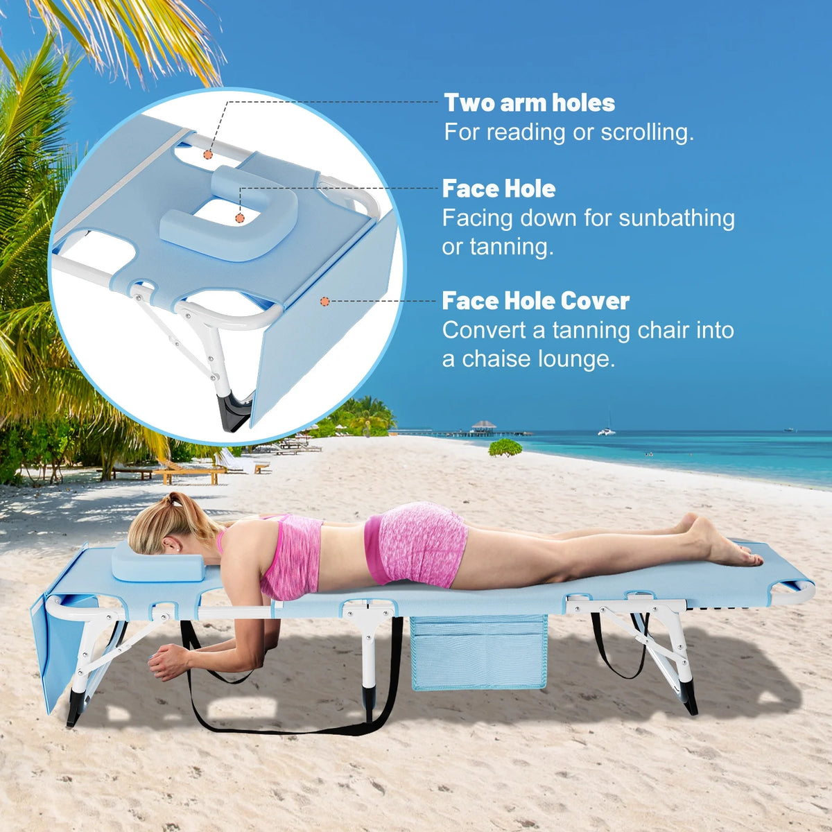MOPHOTO Lounge Chair with Mattress, Outdoor Chaise Lounge Support 440 lb, Adjustable Portable Heavy Duty Sleeping Cots Bed for Camping, Pool, Beach, Patio