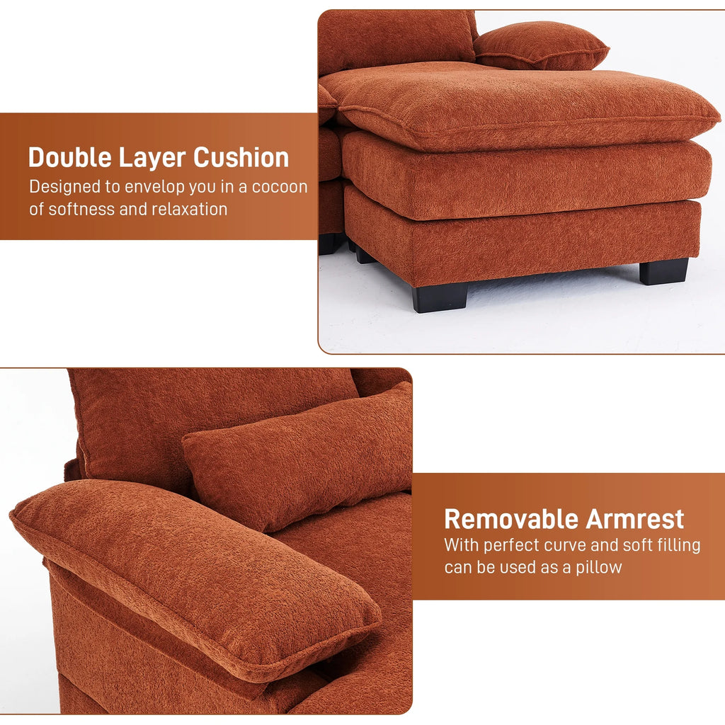 Rophefx 114.3" U Shaped Sectional Couches for Living Room, Cloud Couch, 4 Seats Chenille Couch with Double Layer Cushion, Orange