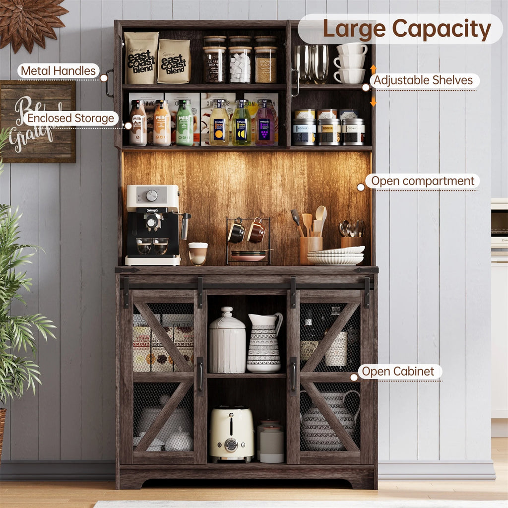 Planntonneo 71'' Tall Kitchen Pantry Storage Hutch Cabinet with Doors and Shelves, Grey Oak