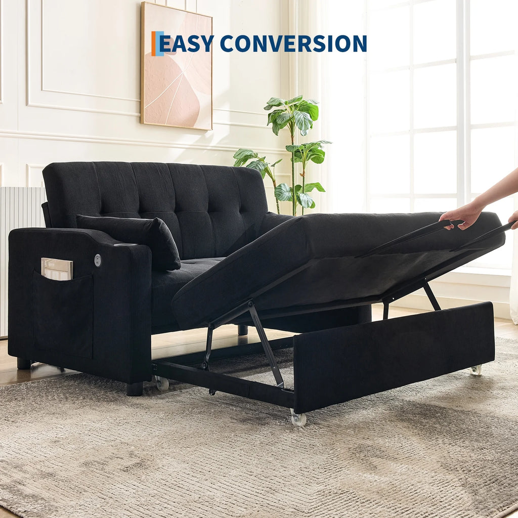 3 in 1 Convertible Sleeper Sofa Bed, Corduroy Futon Couches with Pull - Out Bed, Adjustable Backrest, Charging Port & Side Pockets, Modern Upholstered Sofa for Living Room, Guest Room