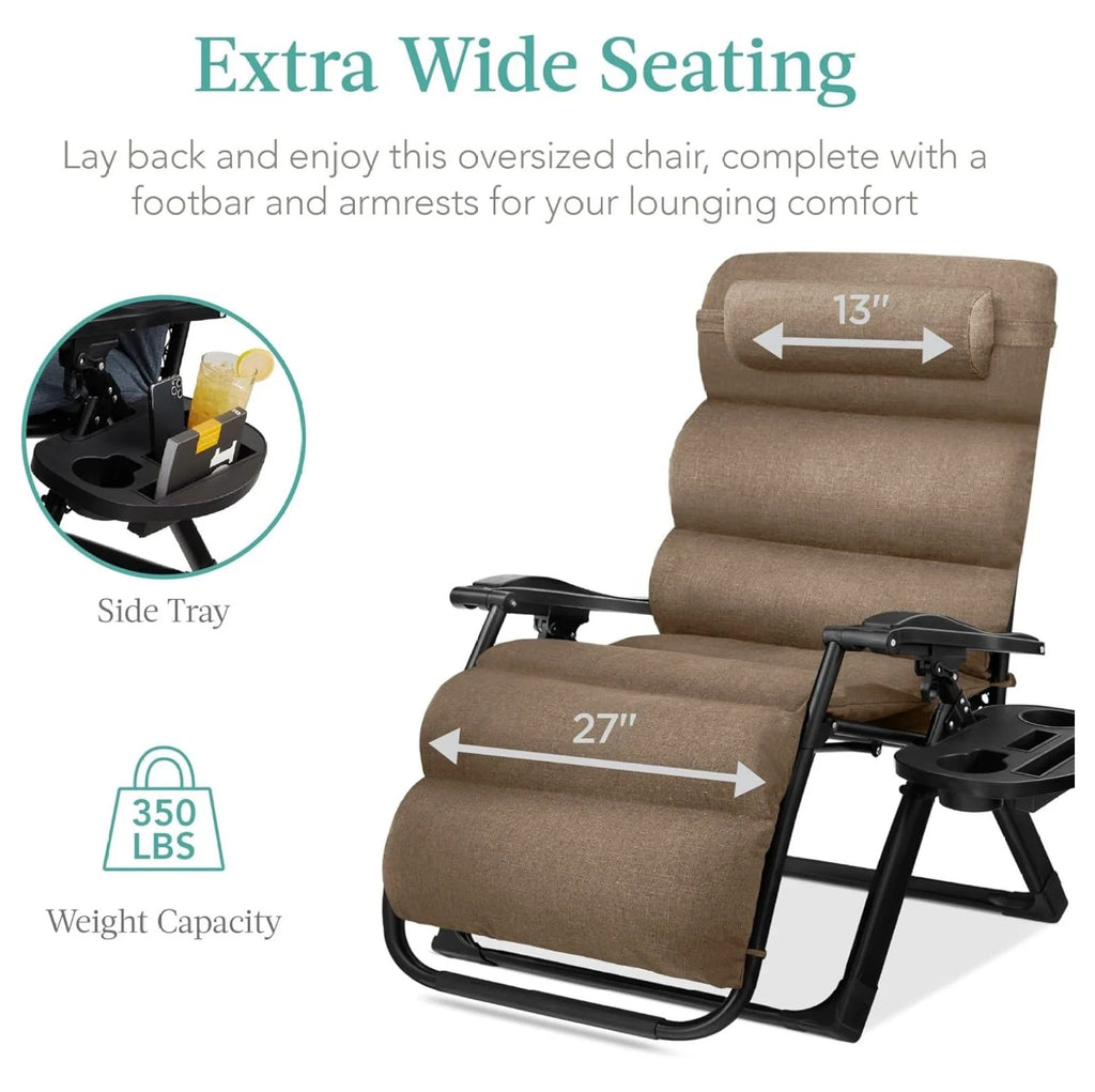 Oversized Chair, Folding Outdoor Patio Recliner, XL Anti Gravity Lounger W/Removable Cushion, Cup Holder, Side Tray, 350 lb Capacity - Taupe
