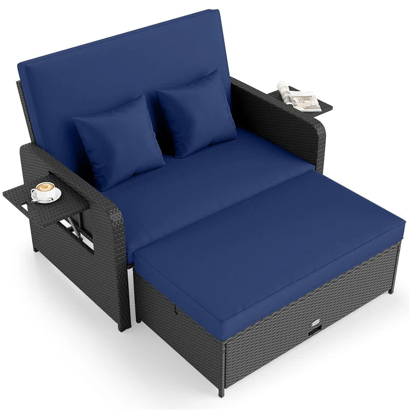 Patio Rattan Daybed Outdoor Wicker Loveseat Sofa with 4-Level Adjustable Backrest, Storage Ottoman, Retractable Tray & Cushions for Backyard