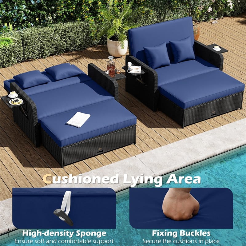 Patio Rattan Daybed Outdoor Wicker Loveseat Sofa with 4-Level Adjustable Backrest, Storage Ottoman, Retractable Tray & Cushions for Backyard