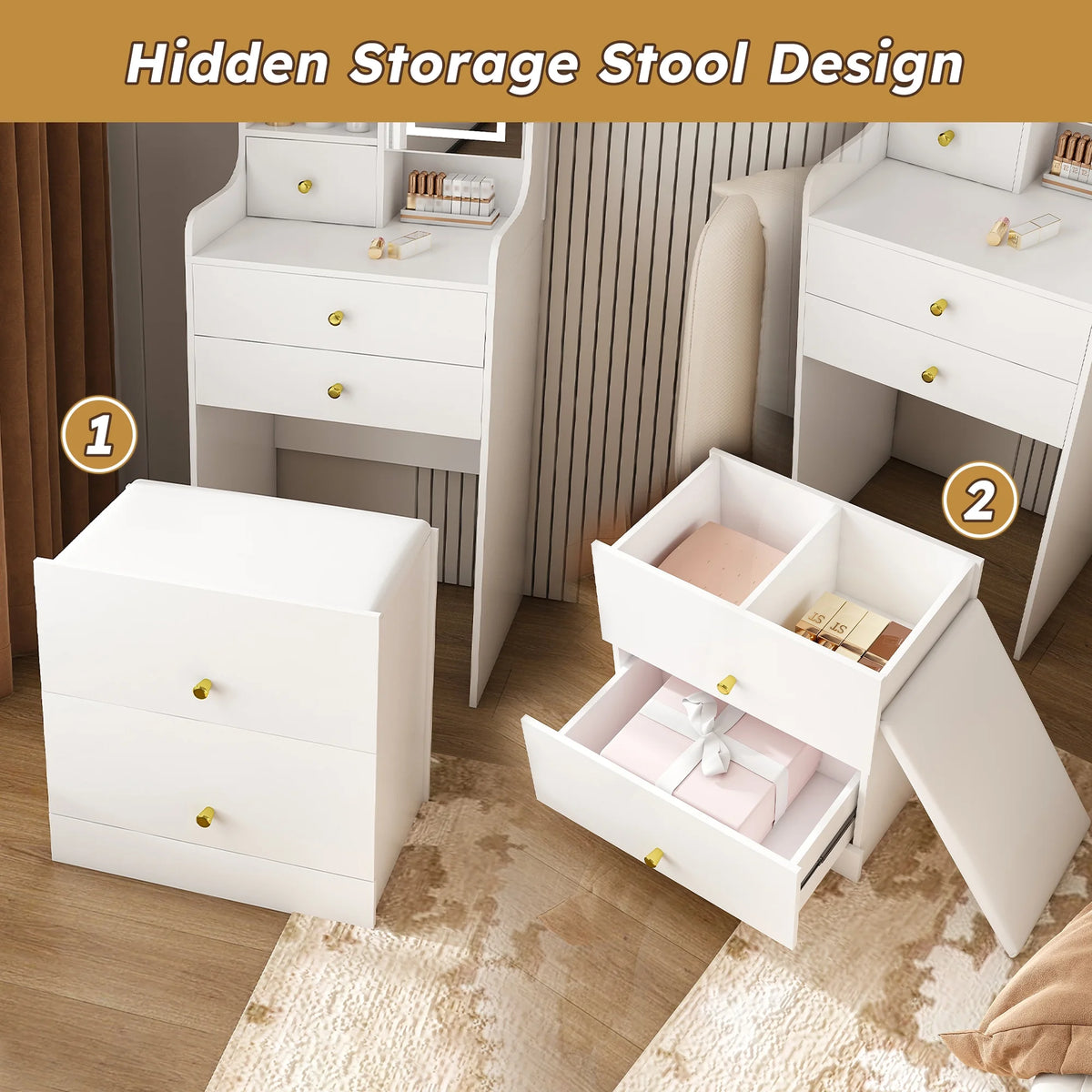 Montary Modern Mini Vanity W/Adjustable LED Mirror + Hidden Storage, Padded Stool & Dustproof Shelves (White)