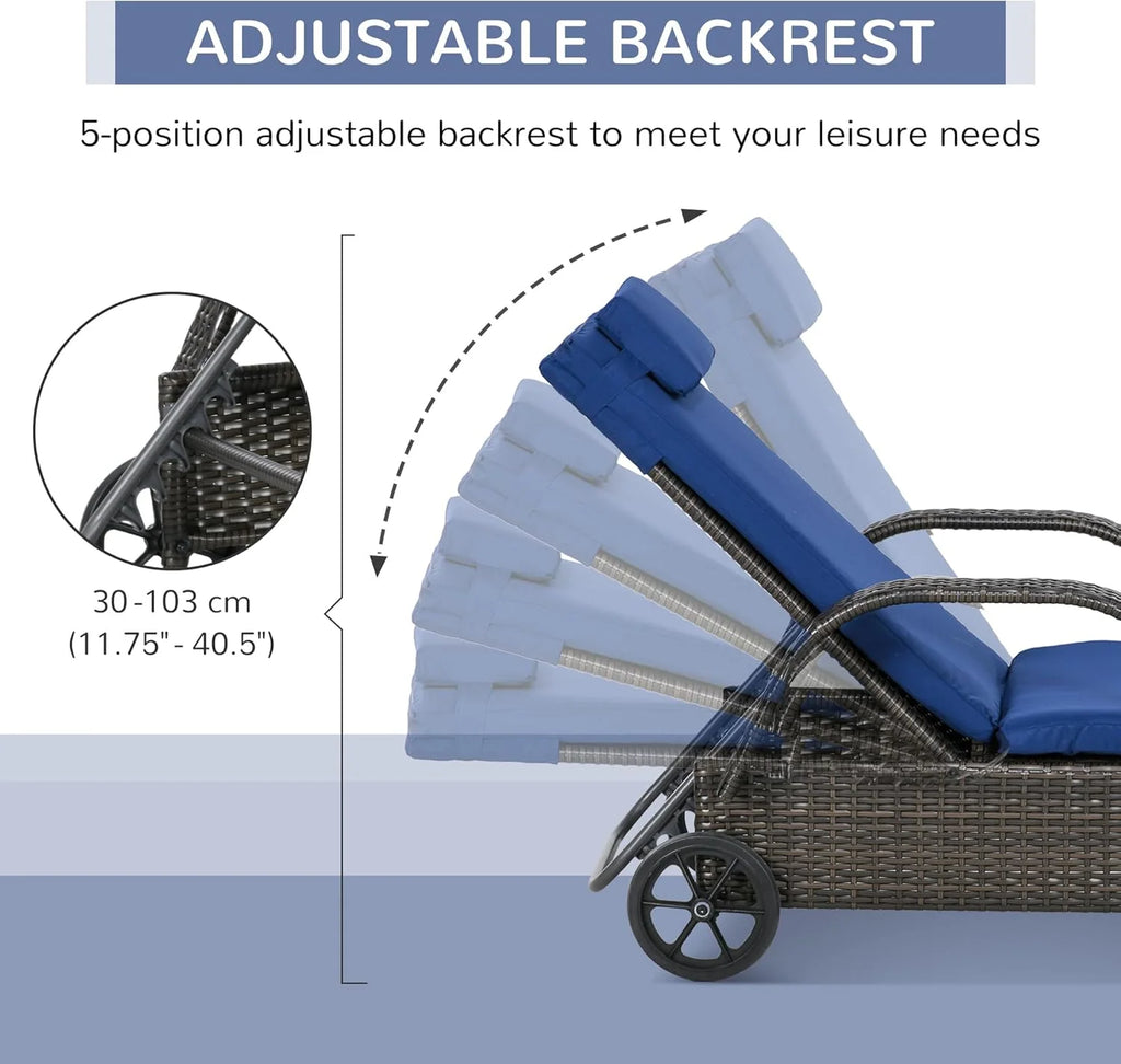 Outdoor Wicker Chaise Lounge with Adjustable Backrest and Wheels