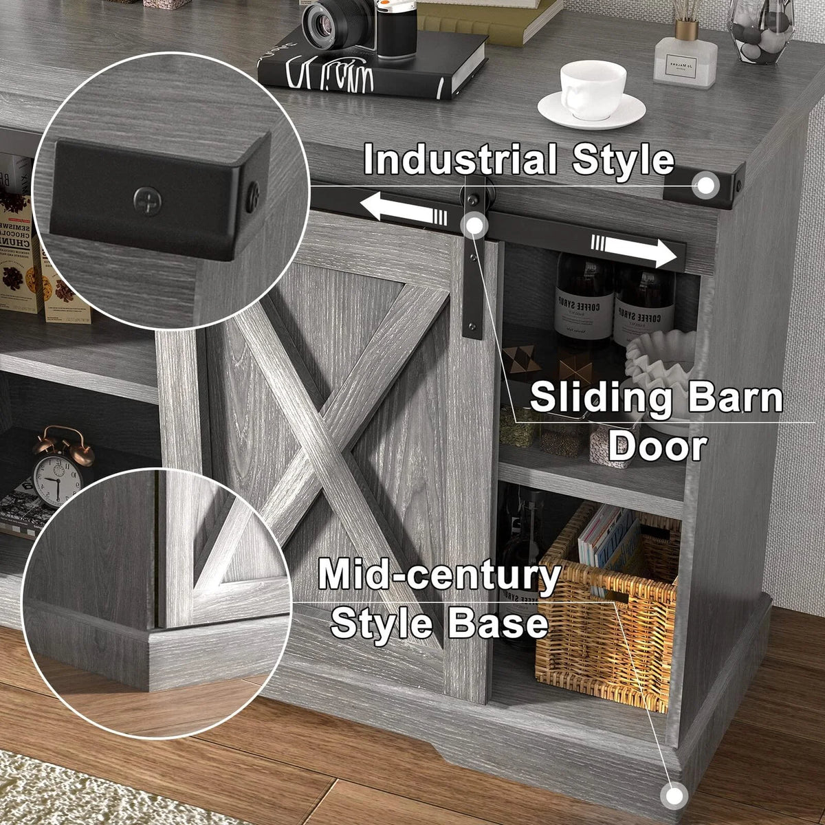 Chvans Farmhouse Barn Door TV Stand for up to 65" Tvs & 23" Electric Fireplace, Entertainment Center Console Table with Adjustable Shevles