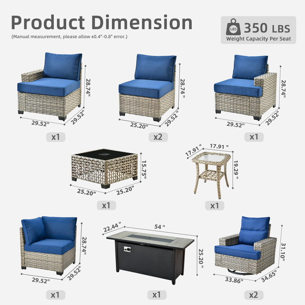 Ovios 10 Pieces Outdoor Patio Furniture Modern High - Back All - Weather Wicker Sectional Conversation Set with Propane Fire Pit Table & Swivel Chair, Dark Gray