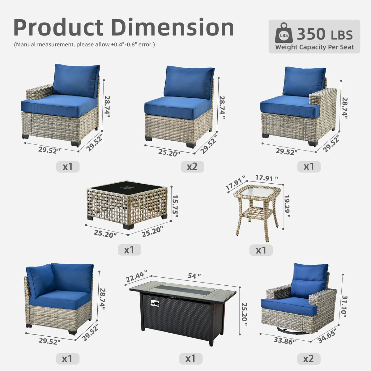 Ovios 10 Pieces Outdoor Patio Furniture Modern High - Back All - Weather Wicker Sectional Conversation Set with Propane Fire Pit Table & Swivel Chair, Dark Gray