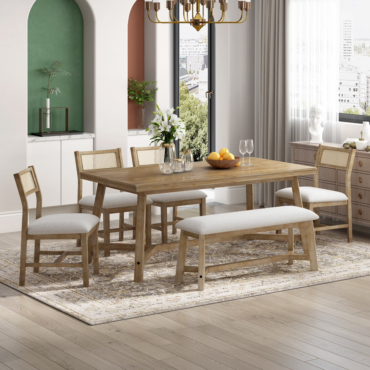 PORKISS 6 - Piece Dining Room Set, Farmhouse Dining Table Set with Bench and 4 Upholstered Chairs, Natural