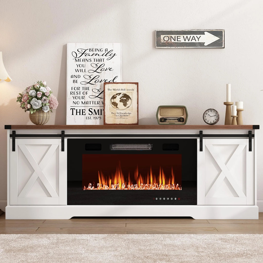 Chvans Farmhouse Barn Door TV Stand for up to 65" Tvs & 23" Electric Fireplace, Entertainment Center Console Table with Adjustable Shevles