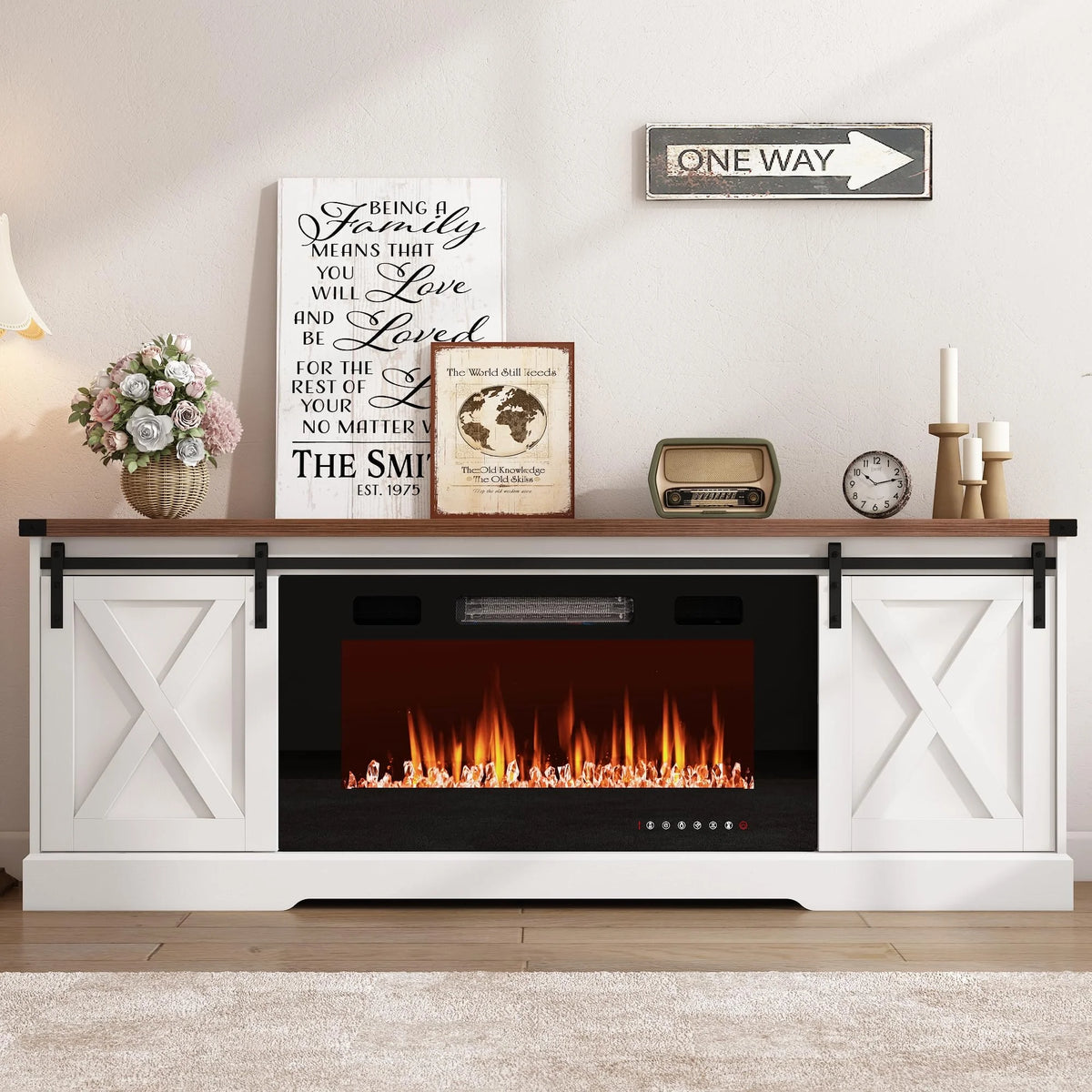 Chvans Farmhouse Barn Door TV Stand for up to 65" Tvs & 23" Electric Fireplace, Entertainment Center Console Table with Adjustable Shevles