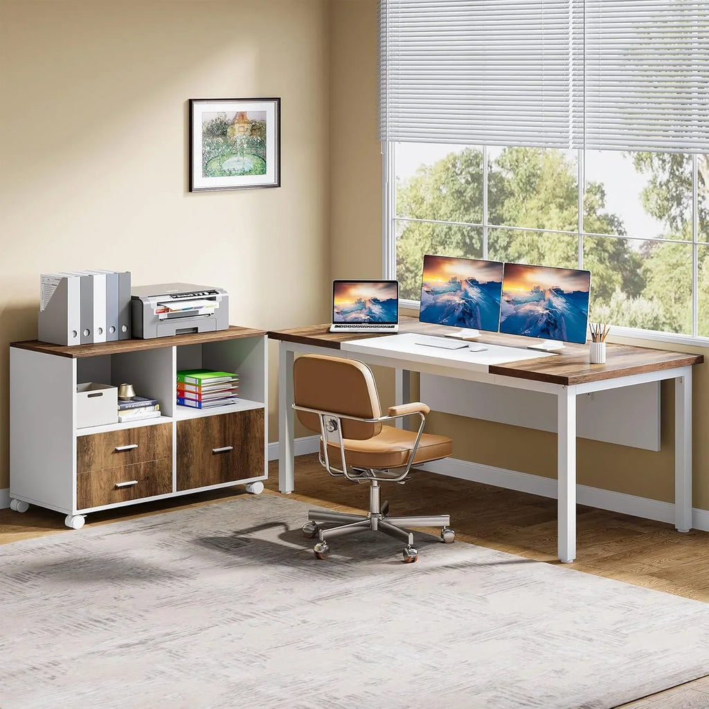 L Shaped Desk with Drawer Cabinet, 63" Executive Computer Desk and Lateral File Cabinet, 2 Piece Home Office Furniture with Drawers for…