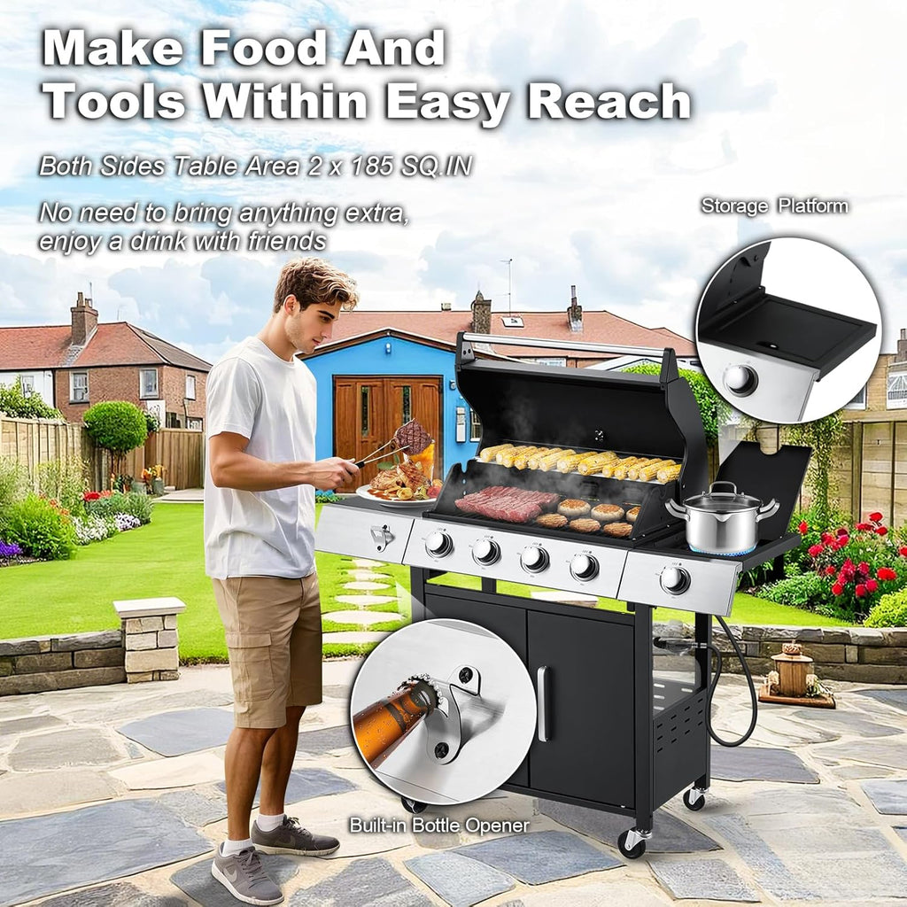 Upgraded 4 Burner Bbq Propane Gas Grill with Cast Iron Grates & Side Stove, 44,000 btu Stainless Steel Burner Barbecue Grill for Patio,…