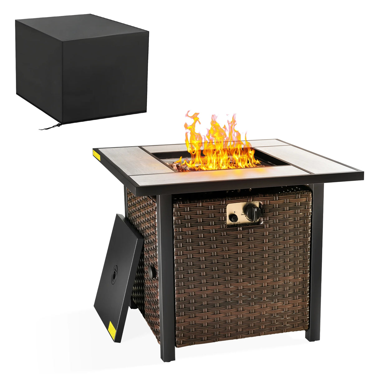 Ovios 7 Piece Wicker Outdoor Patio Dining Set with Fire Pit Table, Grey