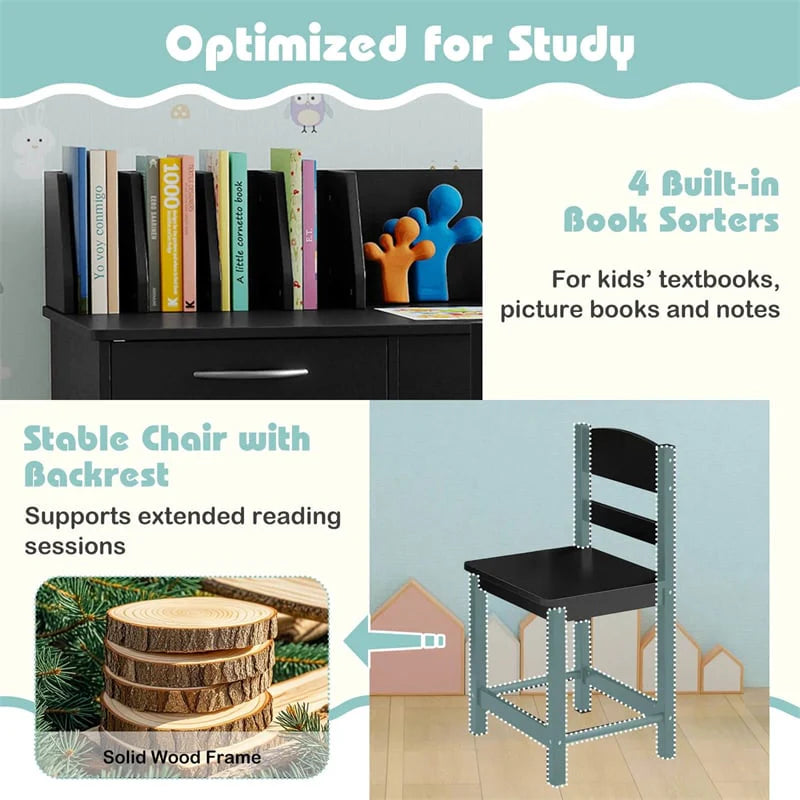 Wooden Kids Desk and Chair Set with Hutch, Storage Drawer & Cabinet, Children School Study Table Writing Computer Workstation for Ages 3-8