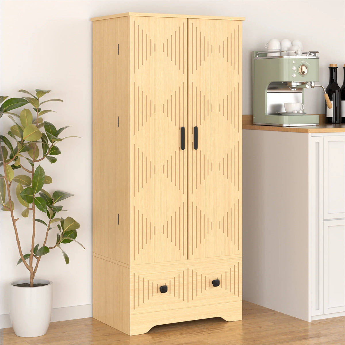 Planntonneo 71'' Tall Kitchen Pantry Storage Hutch Cabinet with Doors and Shelves, Grey Oak