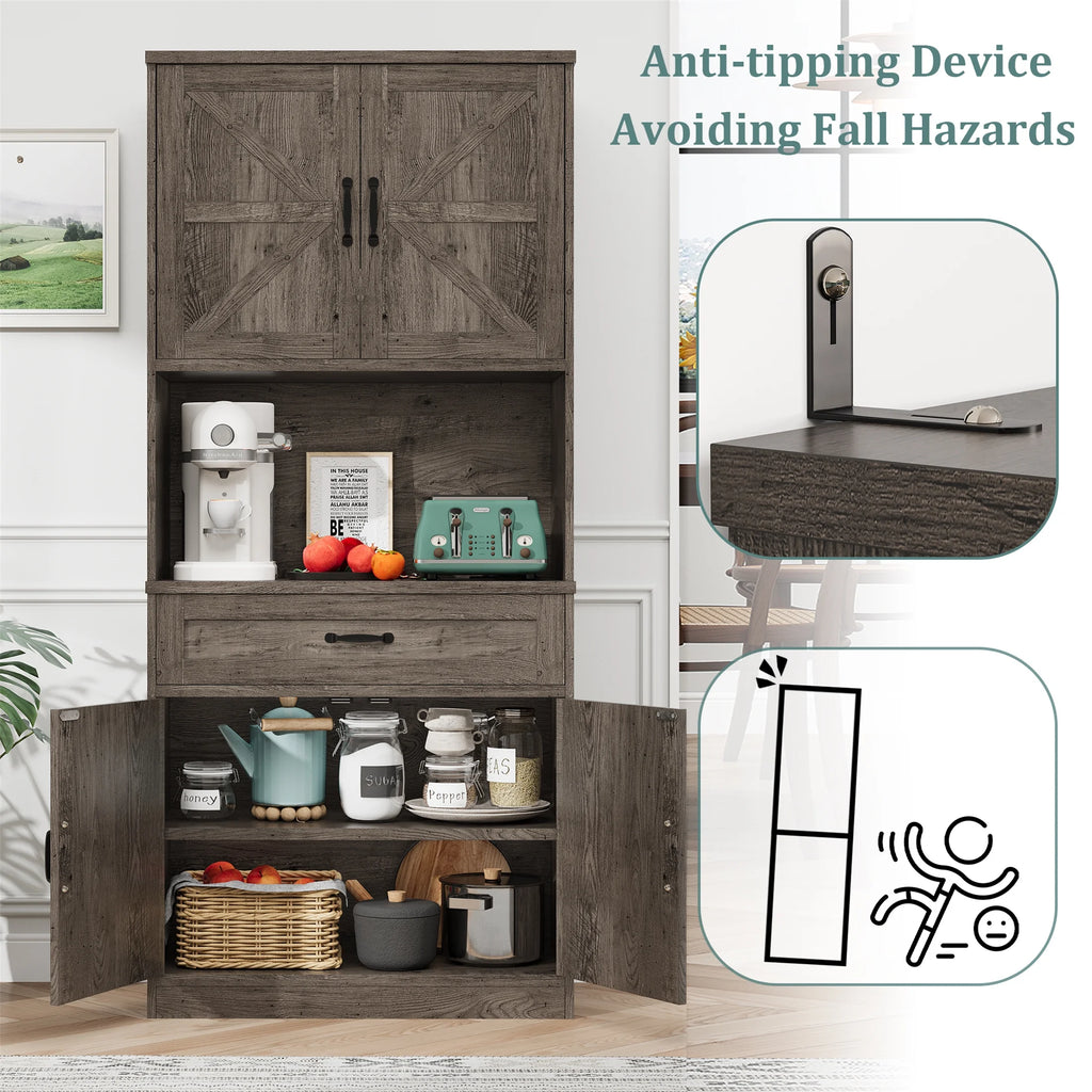 Planntonneo 71'' Tall Kitchen Pantry Storage Hutch Cabinet with Doors and Shelves, Grey Oak