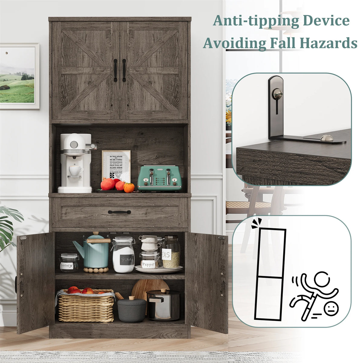 Planntonneo 71'' Tall Kitchen Pantry Storage Hutch Cabinet with Doors and Shelves, Grey Oak