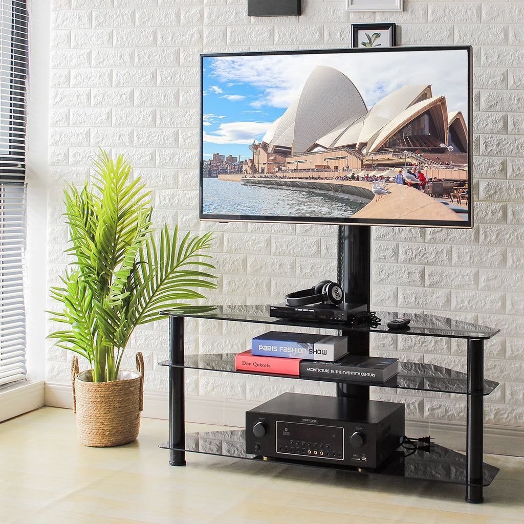 RTVR Modern 3 in 1 TV Stand with Mount for Flat Screens up to 65 in, Black Glass Corner TV Stand for Bedroom