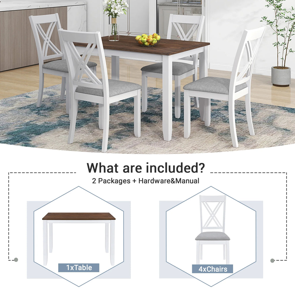 Seizeen Solid Wood Kitchen Table and Chairs, Dining Room Table Set for 4 with Gray Upholstered Chairs, Wood Grain Table Heavy - Duty Frame, Rustic Minimalist Style Breakfast Nook Set