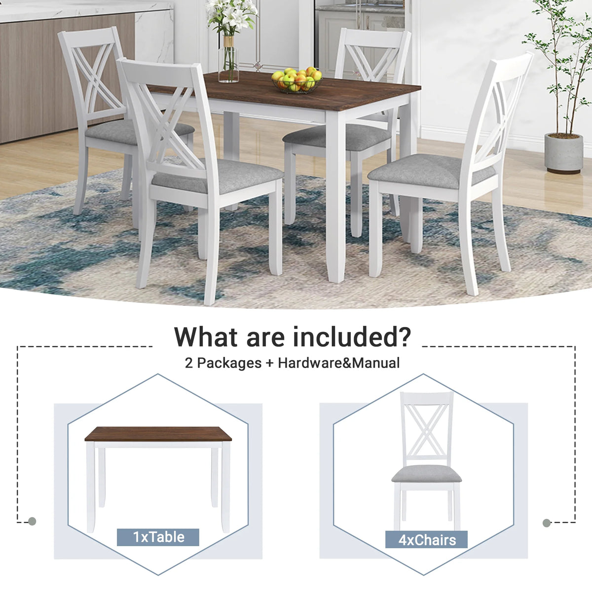 Seizeen Solid Wood Kitchen Table and Chairs, Dining Room Table Set for 4 with Gray Upholstered Chairs, Wood Grain Table Heavy - Duty Frame, Rustic Minimalist Style Breakfast Nook Set