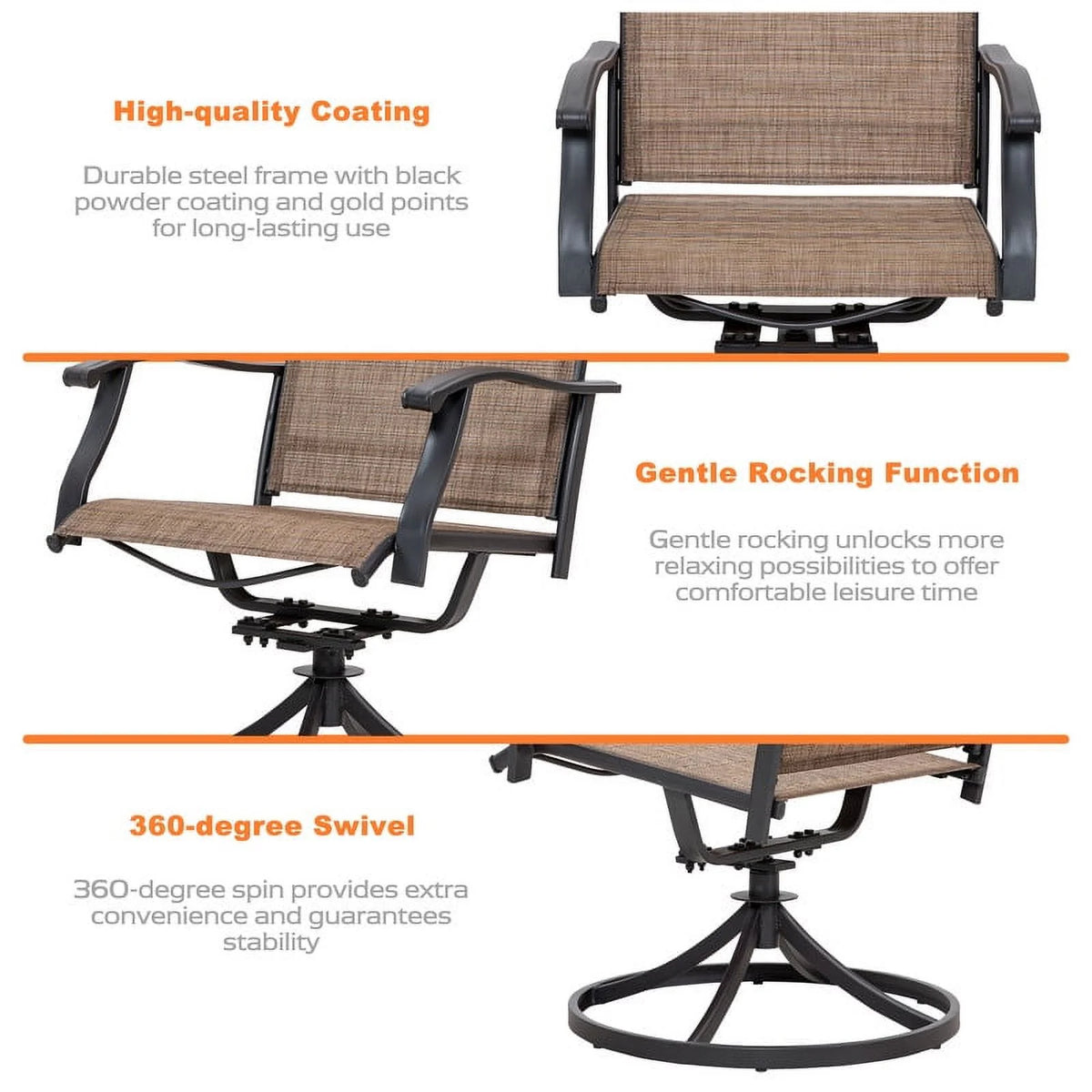 Nuu Garden 5 Piece Outdoor Patio Dining Set, Metal Patio Furniture Set 4 Textilene Swivel Chairs and 37" Square Iron Umbrella Dining Table, Black and Brown