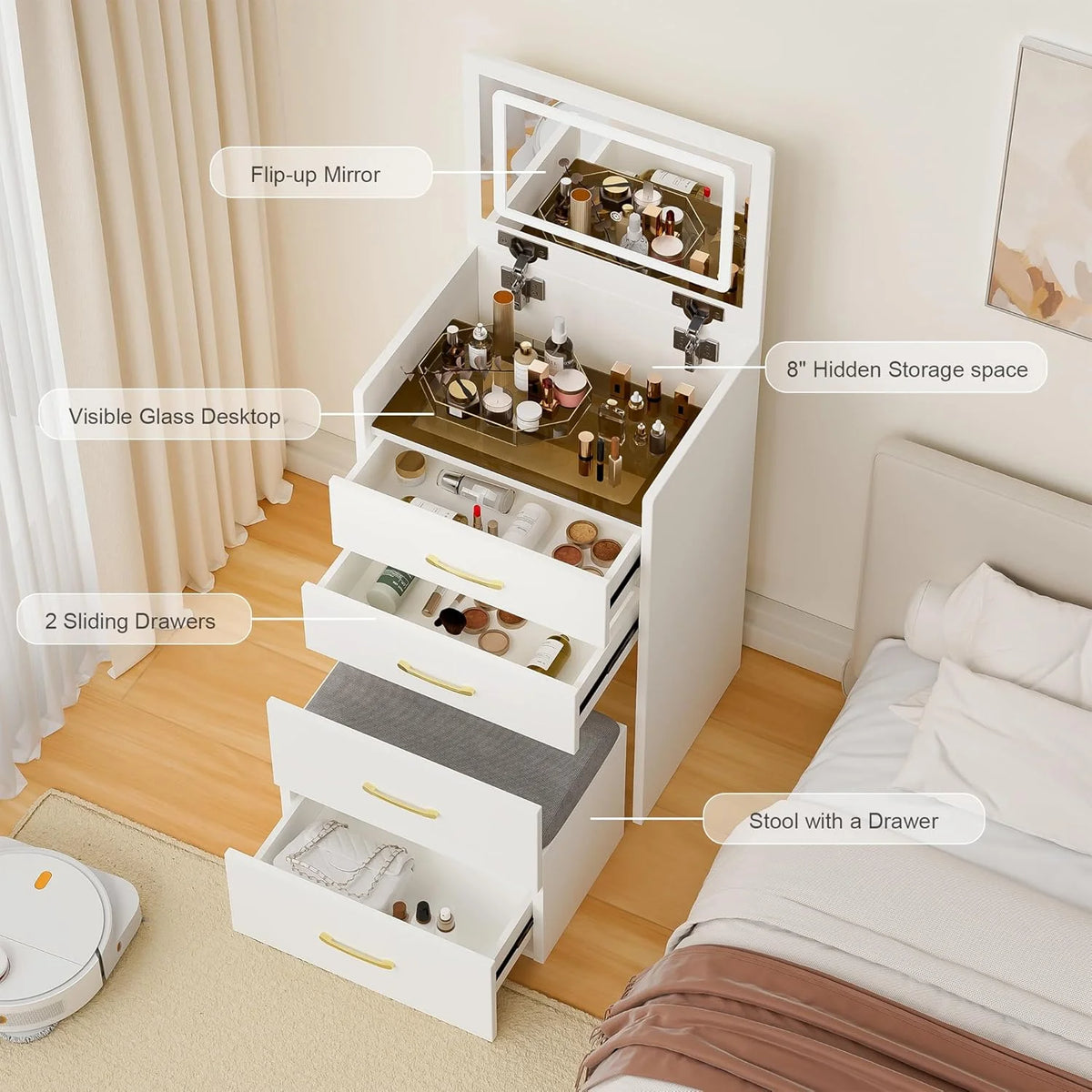 Montary Modern Mini Vanity W/Adjustable LED Mirror + Hidden Storage, Padded Stool & Dustproof Shelves (White)