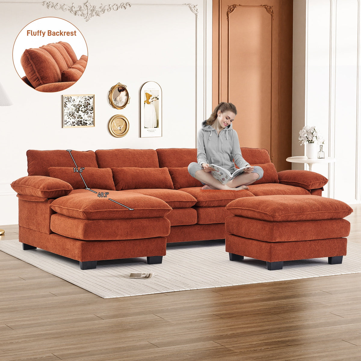 Rophefx 114.3" U Shaped Sectional Couches for Living Room, Cloud Couch, 4 Seats Chenille Couch with Double Layer Cushion, Orange