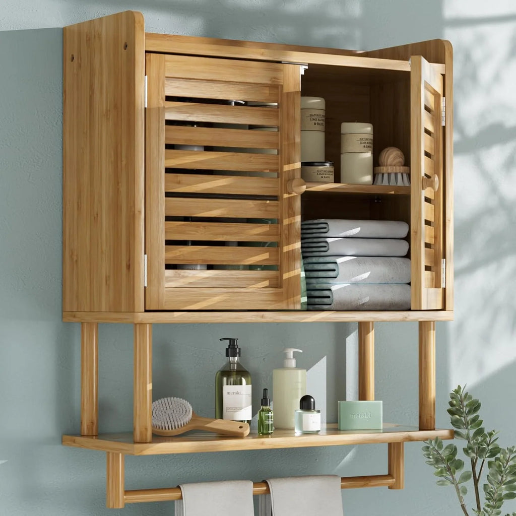 Wall-Mounted Bamboo Bathroom Cabinet with Towel Bar