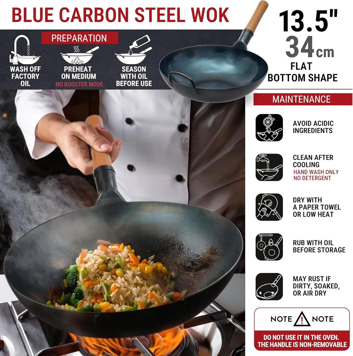 YOSUKATA 13.5" Carbon Steel Wok Pan - Pre - Seasoned Flat Bottom Wok for Stir Fry, BBQ & Camping - Works with Induction, Gas, Electric & Open Fire