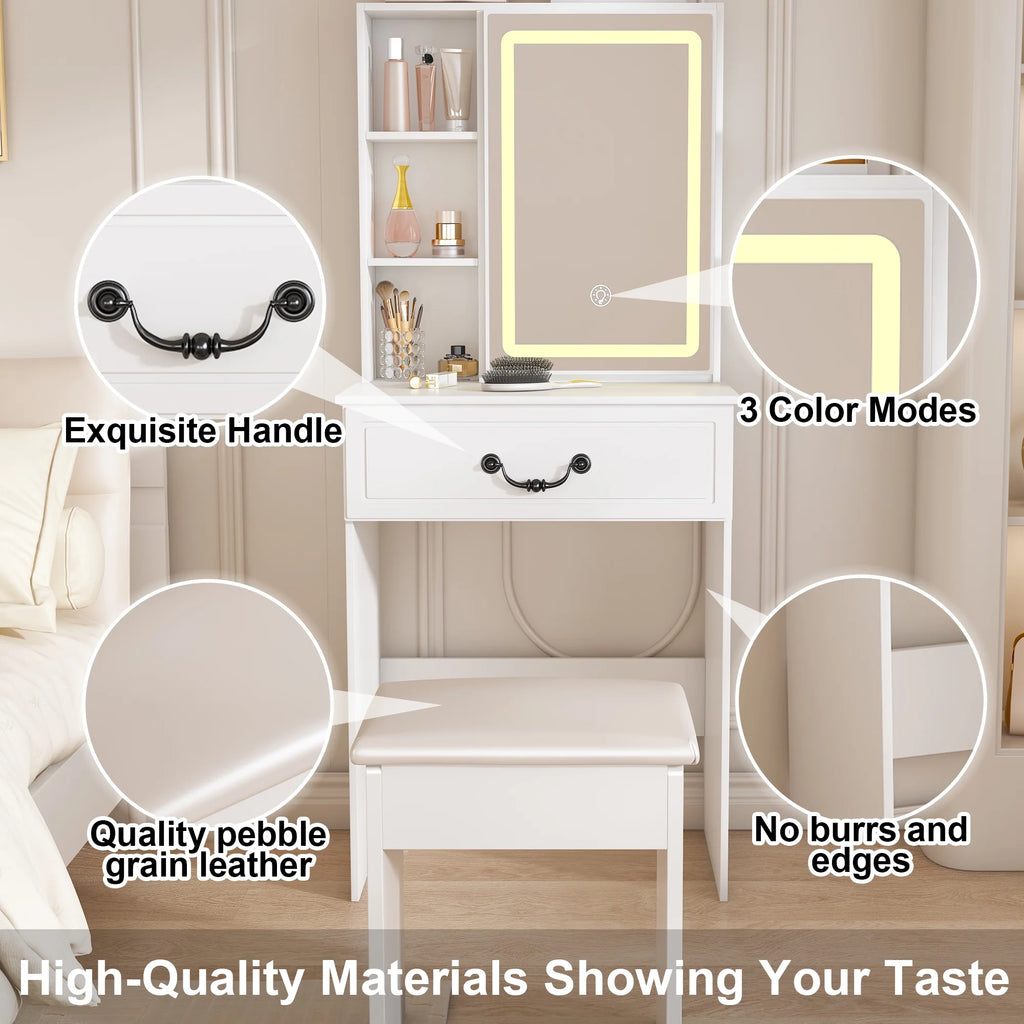 Montary Modern Mini Vanity W/Adjustable LED Mirror + Hidden Storage, Padded Stool & Dustproof Shelves (White)