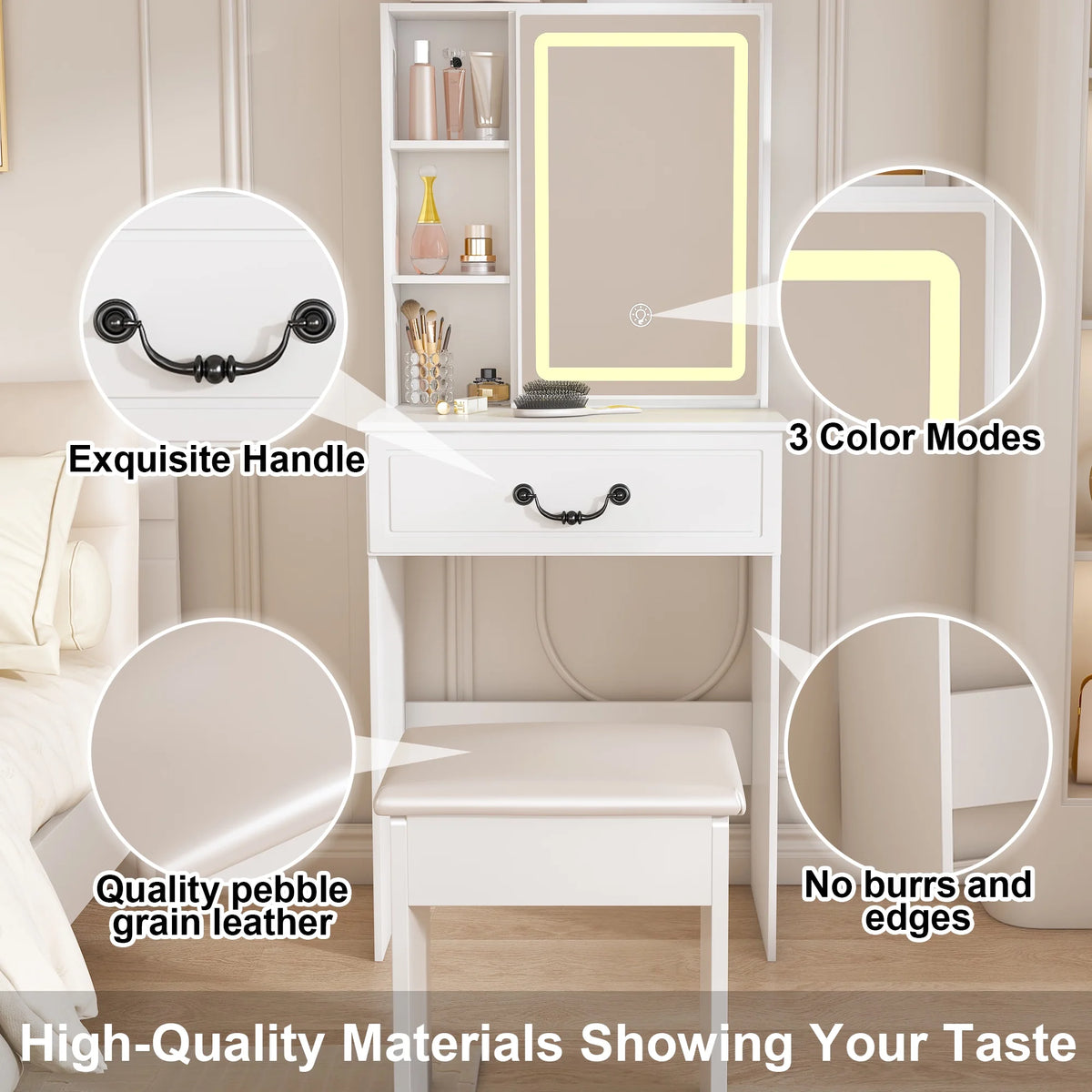 Montary Modern Mini Vanity W/Adjustable LED Mirror + Hidden Storage, Padded Stool & Dustproof Shelves (White)