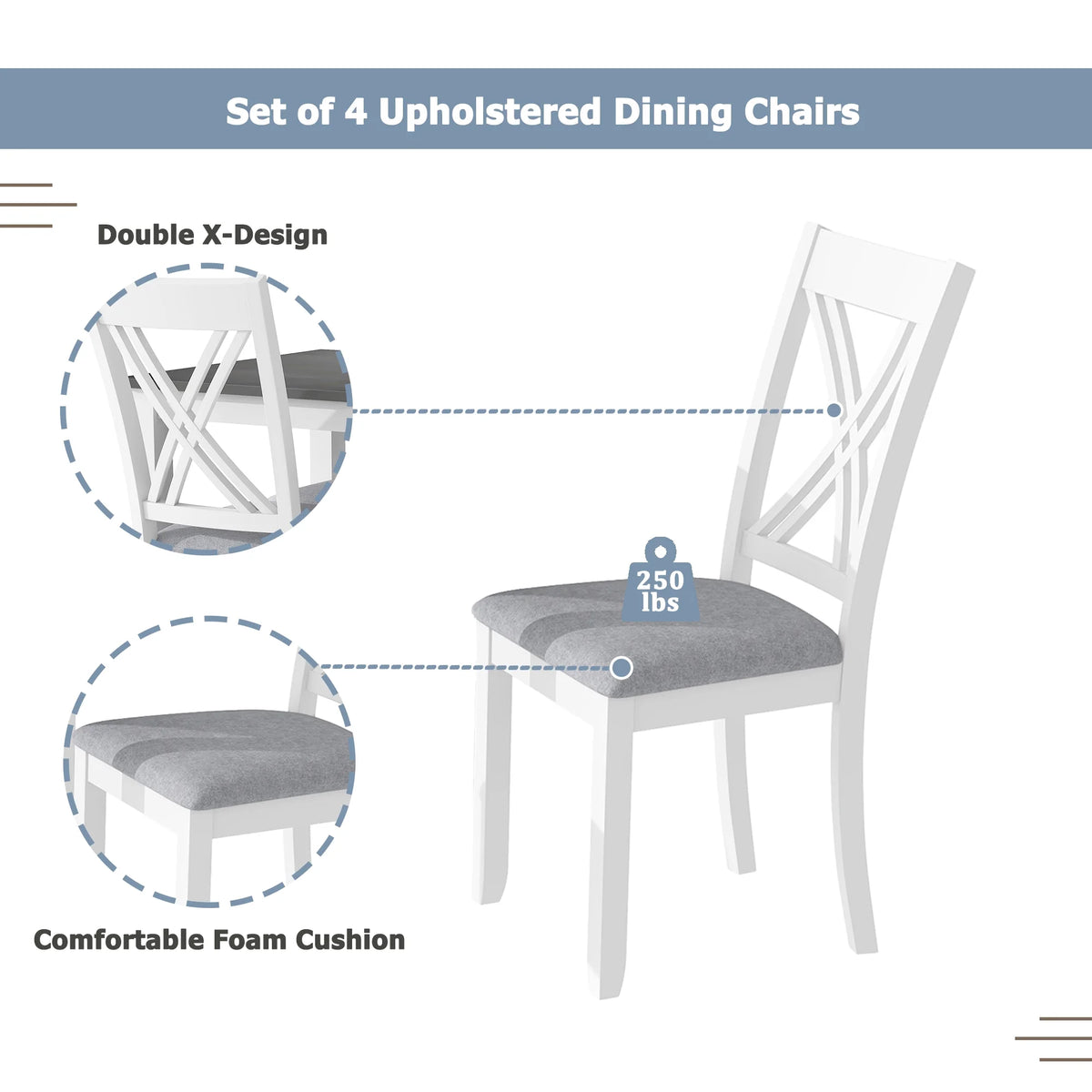 Seizeen Solid Wood Kitchen Table and Chairs, Dining Room Table Set for 4 with Gray Upholstered Chairs, Wood Grain Table Heavy - Duty Frame, Rustic Minimalist Style Breakfast Nook Set