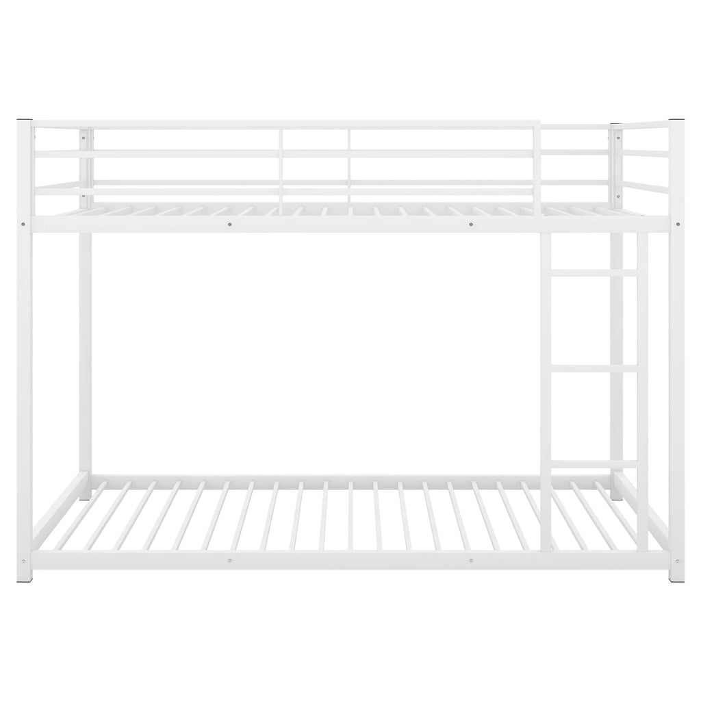 Twin Over Twin Metal Bunk Bed, Low Twin Bunk Bed with Safety Guardrail and Ladder, No Box Spring Needed, Steel Bunk Bed Platform Suitable for Girls Boys Teens, White