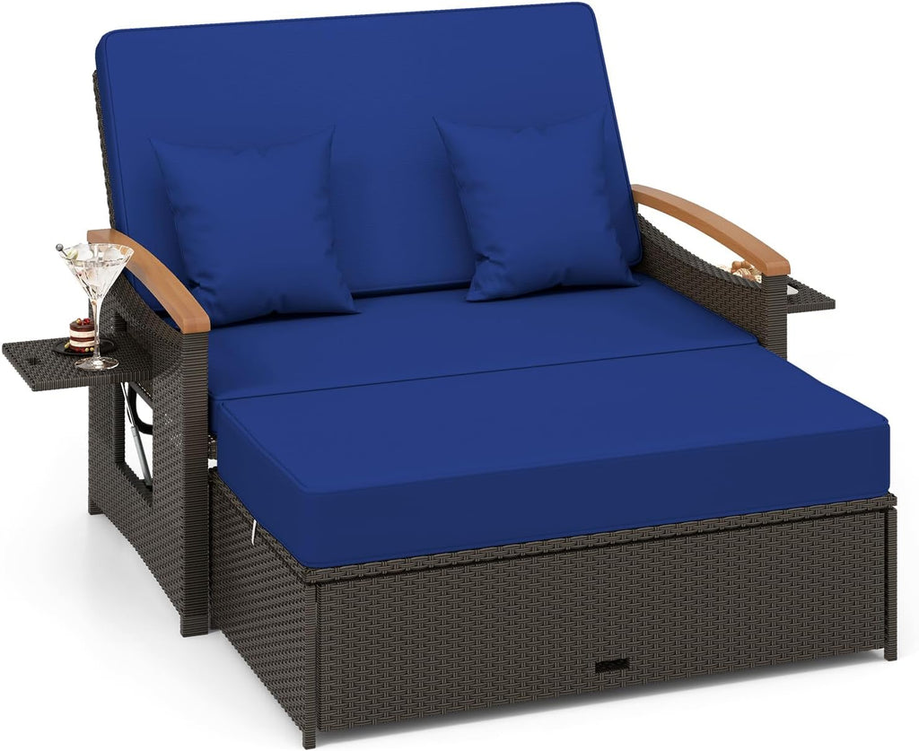 Outdoor Wicker Sofa Daybed with Adjustable Backrest and Storage Ottoman