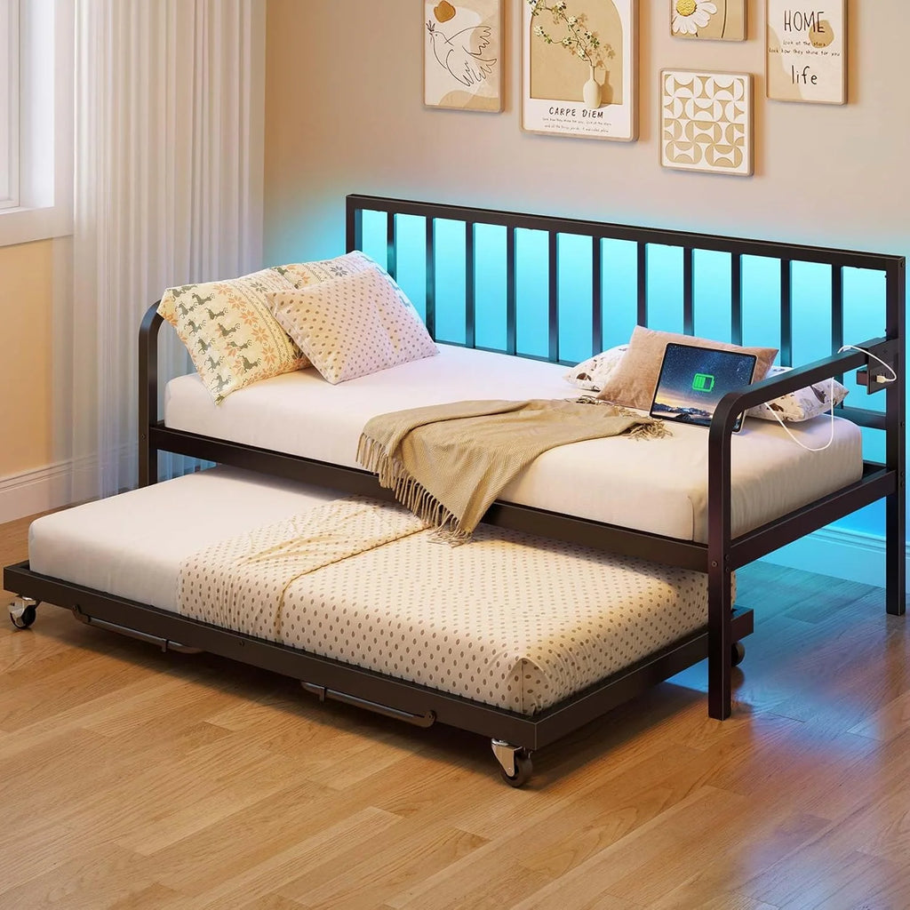 Twin Daybed with Trundle, Charging Station and LED Lights