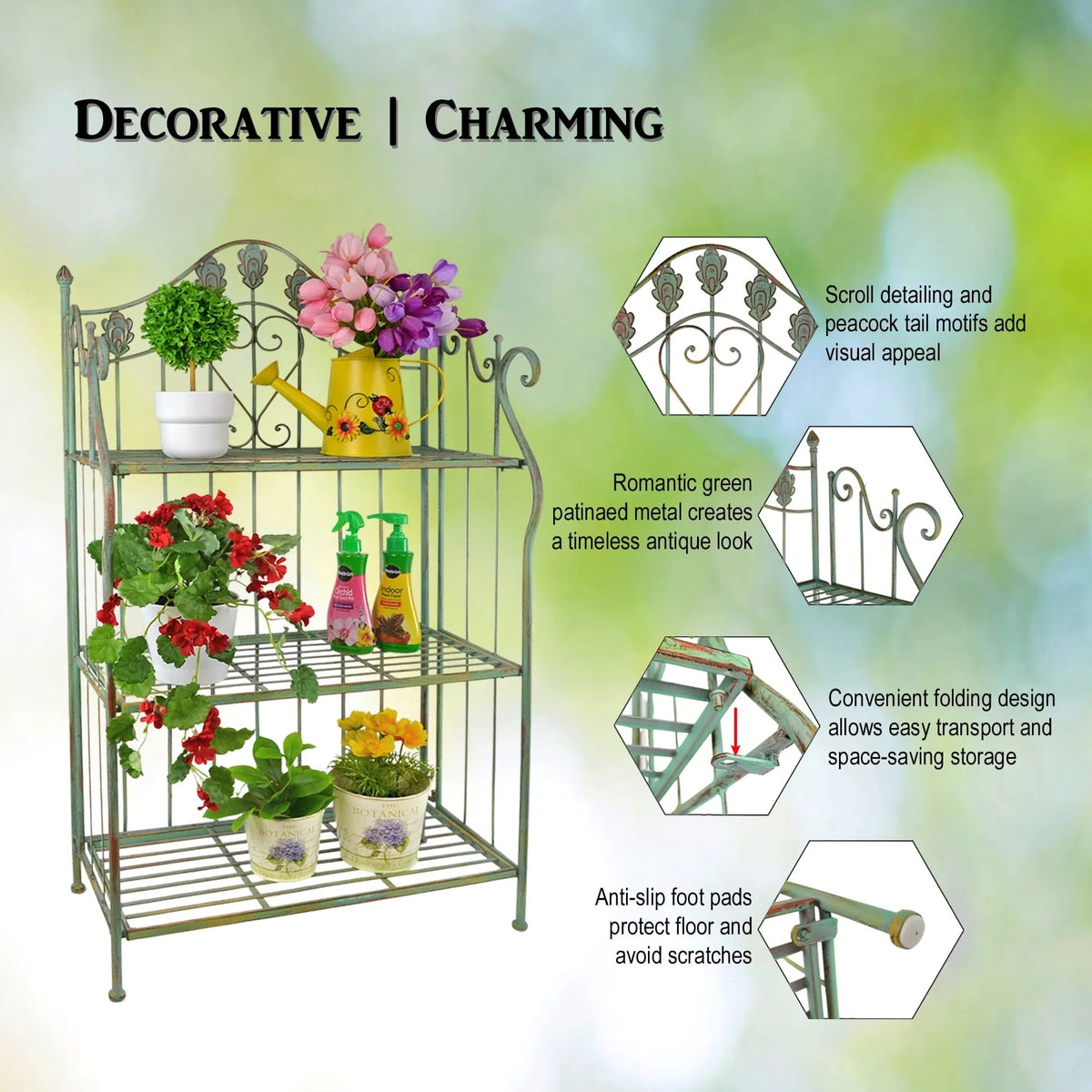 Westcharm 41 in Tall Pre - Assembled Folding Metal Shelf | Plant Stand | Shelving Unit | Bookcase | Outdoor Baker'S Rack with Scrolling Heart & Peacock Tail Motif - Verdigris Green