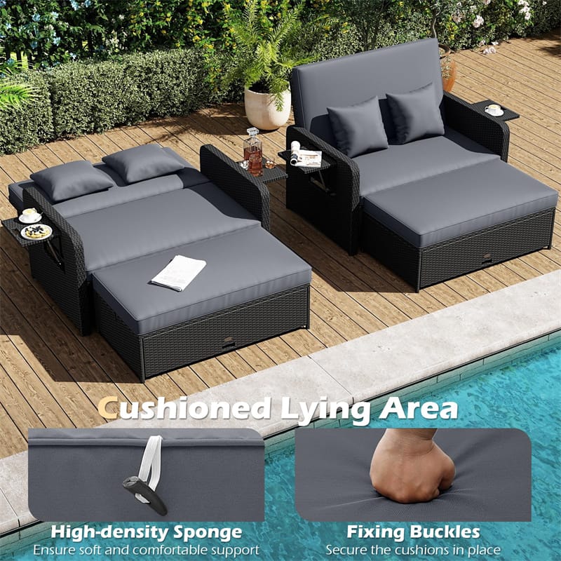 Patio Rattan Daybed Outdoor Wicker Loveseat Sofa with 4-Level Adjustable Backrest, Storage Ottoman, Retractable Tray & Cushions for Backyard