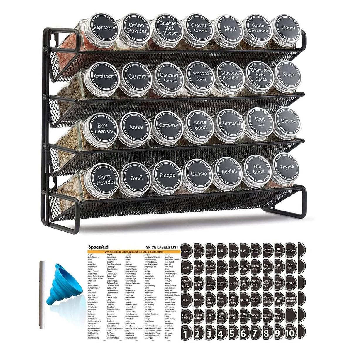 SpaceAid Spice Rack Organizer with 28 Spice Jars, 386 Spice Labels, Chalk Marker and Funnel Set for Cabinet, Countertop, Pantry, Cupboard or Door & Wa