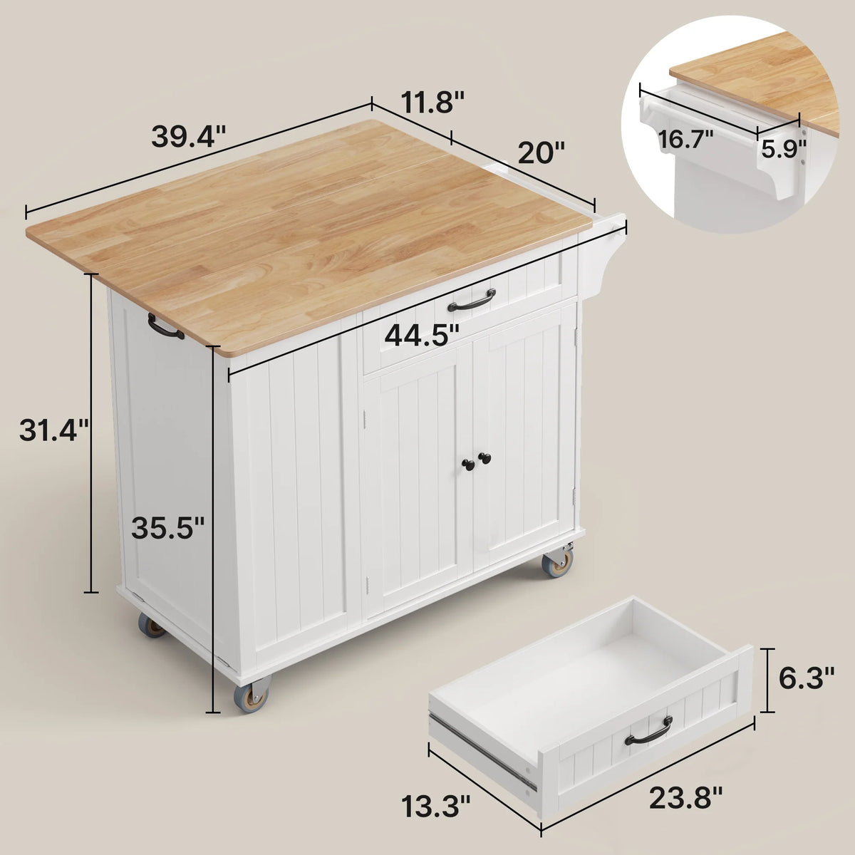 Noelse Rolling Kitchen Island with Drop Leaf Table and Hidden Trash Cabinet, Mobile Kitchen Cart with Storage Drawer, Adjustable Shelves & Rubberwood Countertop on Wheels, White