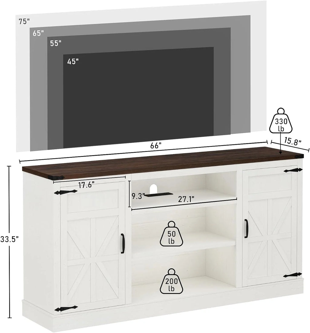 Chvans Farmhouse Barn Door TV Stand for up to 65" Tvs & 23" Electric Fireplace, Entertainment Center Console Table with Adjustable Shevles