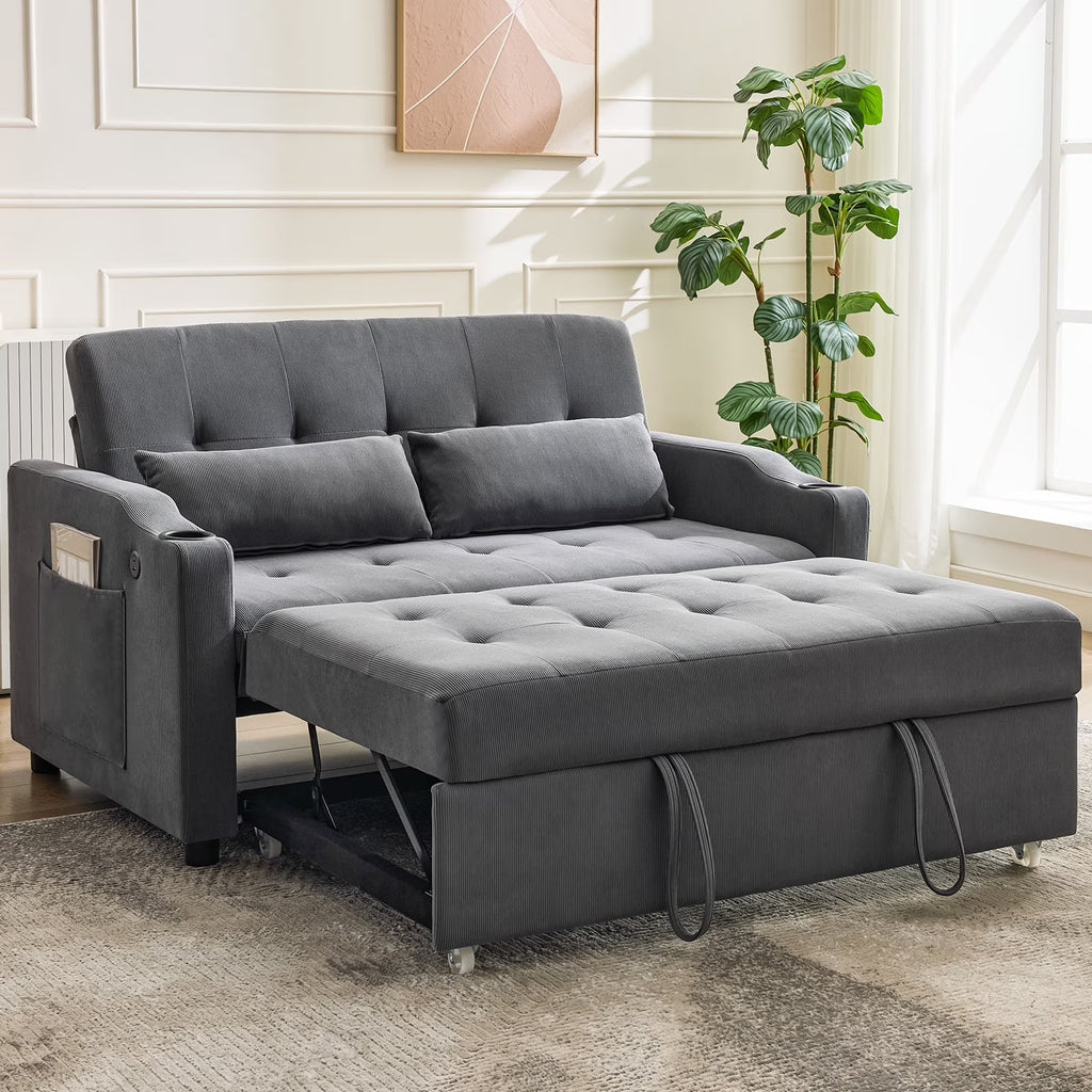 3 in 1 Convertible Sleeper Sofa Bed, Corduroy Futon Couches with Pull - Out Bed, Adjustable Backrest, Charging Port & Side Pockets, Modern Upholstered Sofa for Living Room, Guest Room