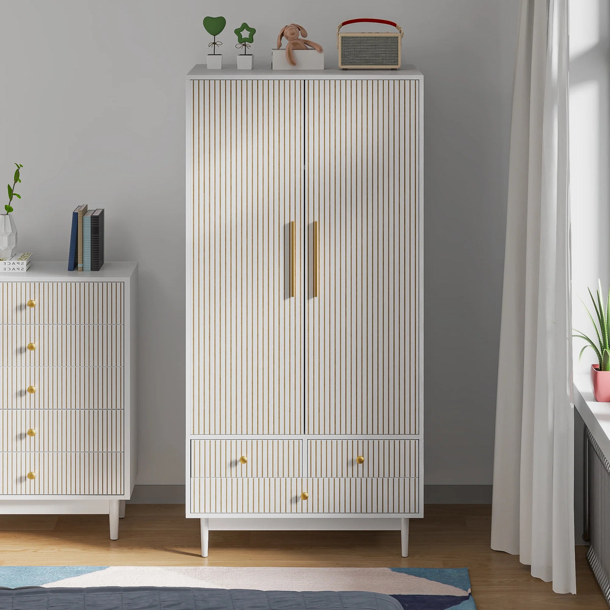 Oubayajia Wardrobe Armoire Closet, 2 Fluted Doors Wardrobe Cabinet with 3 - Drawer and Hanging Rod, Wood Wardrobe Storage for Bedroom