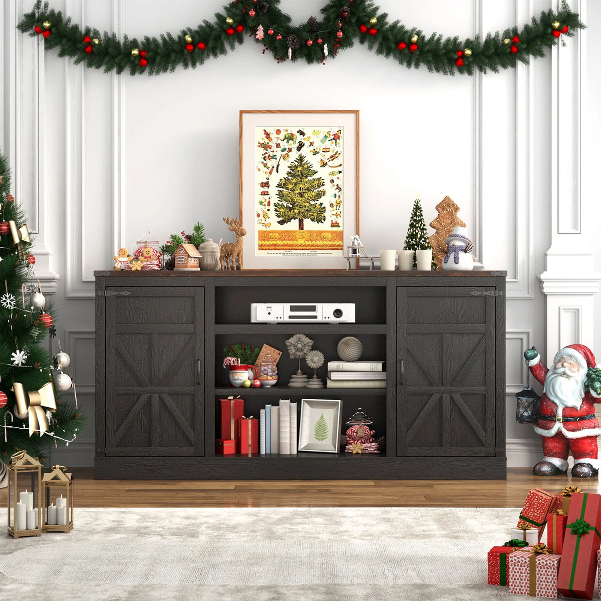 Chvans Farmhouse Barn Door TV Stand for up to 65" Tvs & 23" Electric Fireplace, Entertainment Center Console Table with Adjustable Shevles